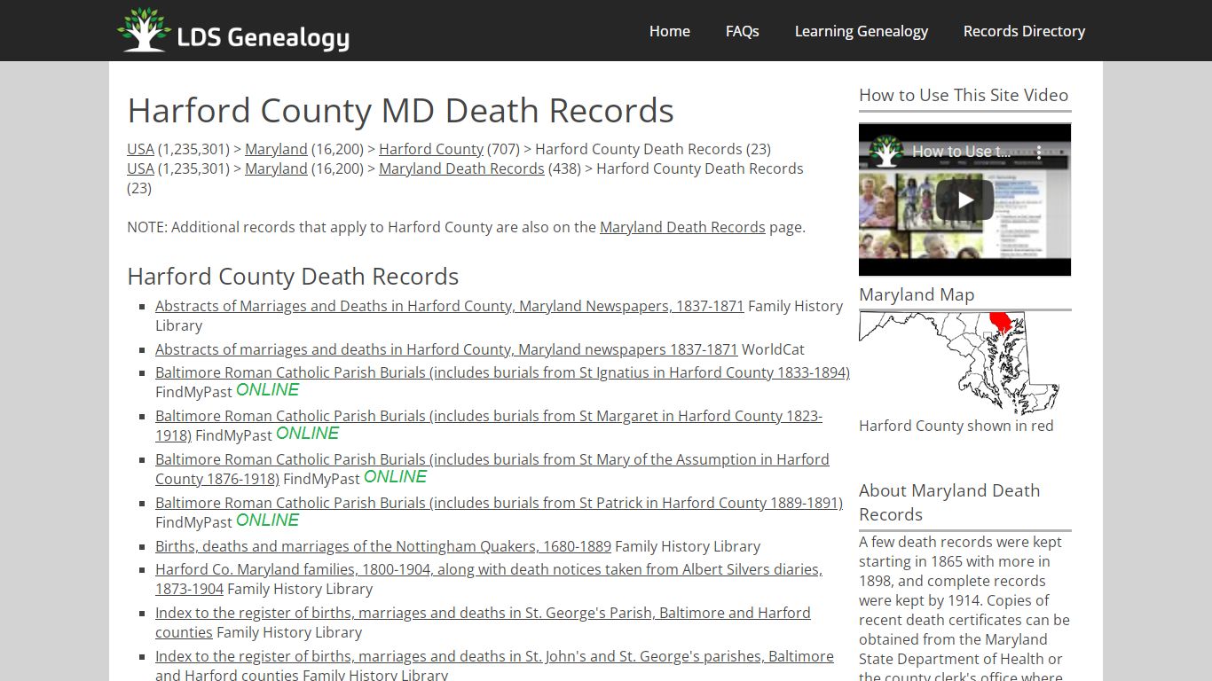 Harford County MD Death Records - LDS Genealogy